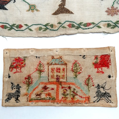 393 - Antique small sampler study of house with birds / animals (21cm x 11cm) t/w antique sampler (45cm x ... 