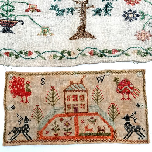 393 - Antique small sampler study of house with birds / animals (21cm x 11cm) t/w antique sampler (45cm x ... 