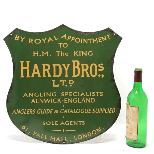 395 - Vintage enamel sign for Hardy Bros angling specialists - 44cm x 45cm high ~ some losses