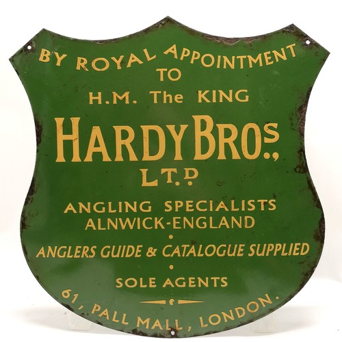 395 - Vintage enamel sign for Hardy Bros angling specialists - 44cm x 45cm high ~ some losses