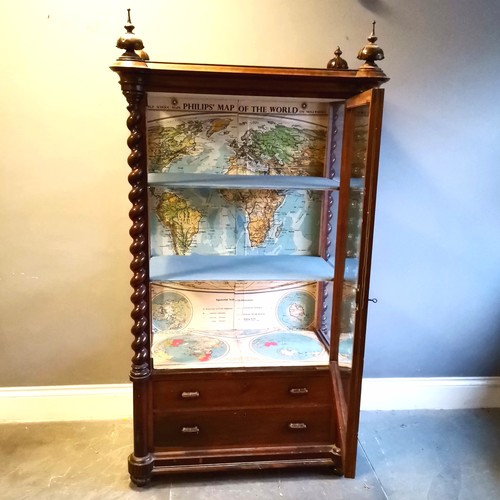 396 - Antique rosewood glazed cabinet with 2 drawers to the base and has 4 carved wooden finials (2 A/F)Th... 