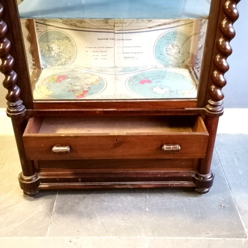 396 - Antique rosewood glazed cabinet with 2 drawers to the base and has 4 carved wooden finials (2 A/F)Th... 