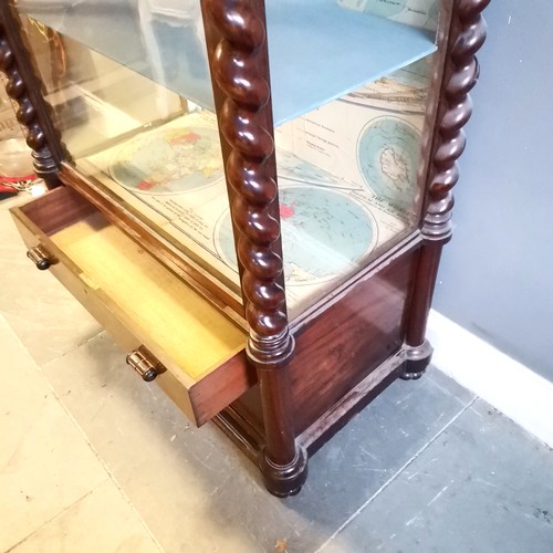 396 - Antique rosewood glazed cabinet with 2 drawers to the base and has 4 carved wooden finials (2 A/F)Th... 