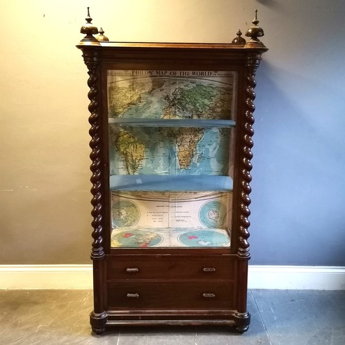 396 - Antique rosewood glazed cabinet with 2 drawers to the base and has 4 carved wooden finials (2 A/F)Th... 