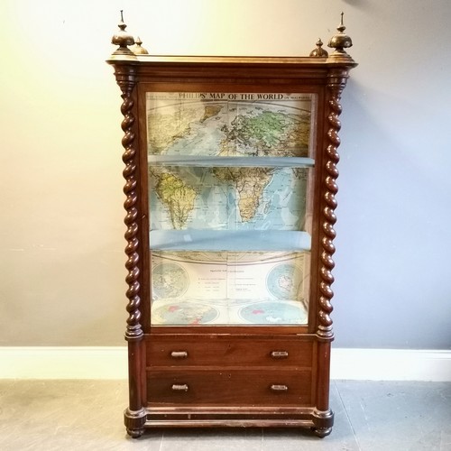 396 - Antique rosewood glazed cabinet with 2 drawers to the base and has 4 carved wooden finials (2 A/F)Th... 