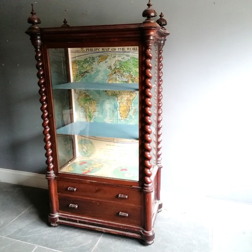 396 - Antique rosewood glazed cabinet with 2 drawers to the base and has 4 carved wooden finials (2 A/F)Th... 