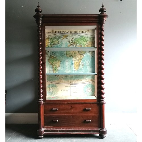 396 - Antique rosewood glazed cabinet with 2 drawers to the base and has 4 carved wooden finials (2 A/F)Th... 