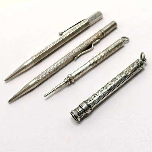 401 - 3 x silver propelling pencils t/w silver pencil holder (7.5cm) - total weight (4) 69g