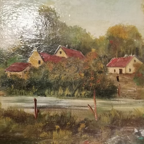 413 - Oil painting on canvas of a continental pastoral scene - 46cm x 55cm and has losses