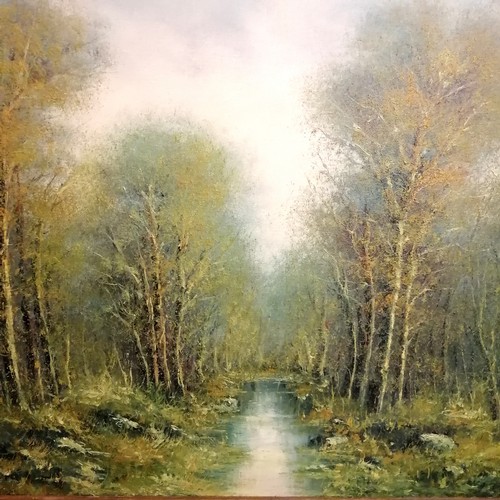 414 - Signed large oil painting on canvas of trees + stream - frame 74cm x 135cm ~ frame has losses