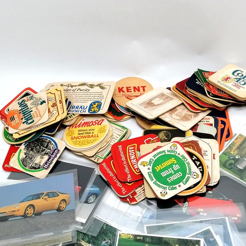 417 - Qty of matchboxes, beermats (inc babycham), 3 x french dictionaries & car postcards