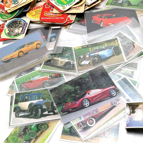 417 - Qty of matchboxes, beermats (inc babycham), 3 x french dictionaries & car postcards