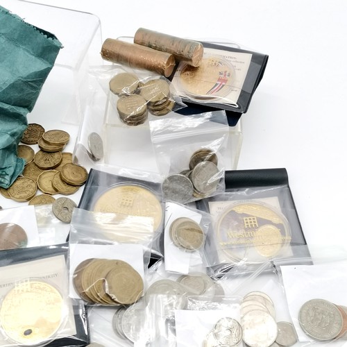 437 - Box of world coins with medallions (inc HMS Victory) etc