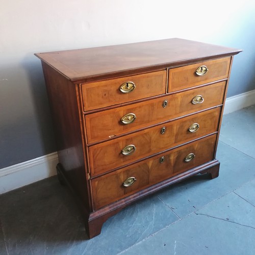 447 - Antique walnut veneered bracket foot chest of 2 over 3 drawers with herring bone detail & marquetry ... 