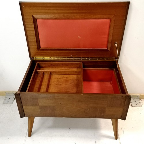 448 - Mid 20th century hard wood sewing box with parquetry detail to hinged lid & fitted tray to interior ... 