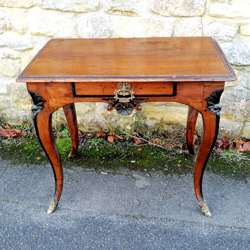 462 - Antique French walnut side table with shell detail and brass cloven hoof feet and with single drawer... 