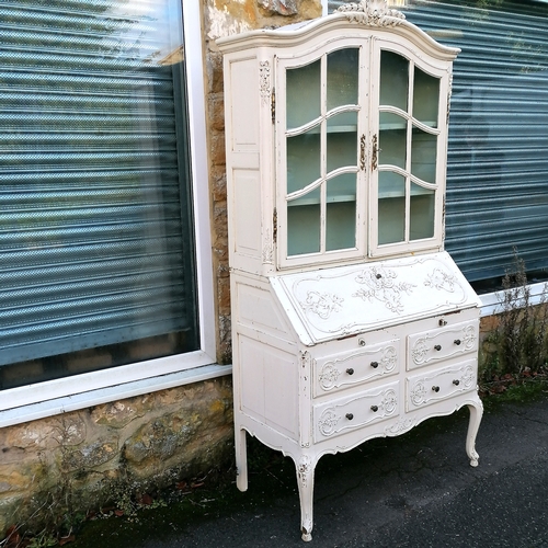 464 - Continental white painted bureau bookcase with carved detail terminating on cabriole legs - 101cm x ... 