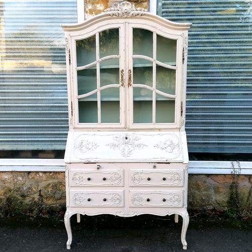 464 - Continental white painted bureau bookcase with carved detail terminating on cabriole legs - 101cm x ... 