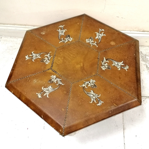 465 - Spanish leather covered hexagonal coffee table with stud and painted detail to the leather and white... 