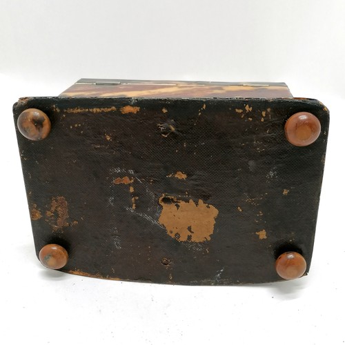 472 - Antique tortoiseshell tea caddy with fitted interior on 4 bun feet - 17cm across x 11.5cm deep x 12c... 