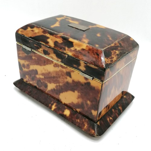 472 - Antique tortoiseshell tea caddy with fitted interior on 4 bun feet - 17cm across x 11.5cm deep x 12c... 