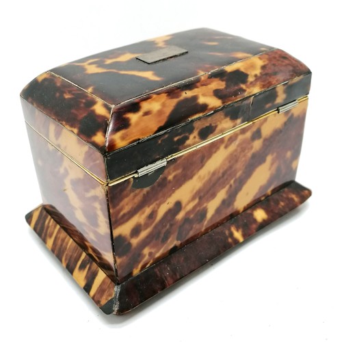 472 - Antique tortoiseshell tea caddy with fitted interior on 4 bun feet - 17cm across x 11.5cm deep x 12c... 