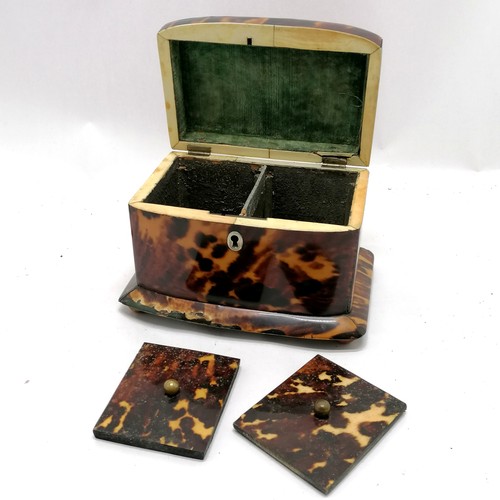 472 - Antique tortoiseshell tea caddy with fitted interior on 4 bun feet - 17cm across x 11.5cm deep x 12c... 