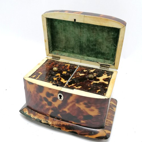 472 - Antique tortoiseshell tea caddy with fitted interior on 4 bun feet - 17cm across x 11.5cm deep x 12c... 