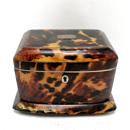 472 - Antique tortoiseshell tea caddy with fitted interior on 4 bun feet - 17cm across x 11.5cm deep x 12c... 