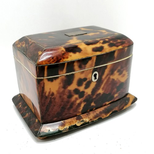 472 - Antique tortoiseshell tea caddy with fitted interior on 4 bun feet - 17cm across x 11.5cm deep x 12c... 