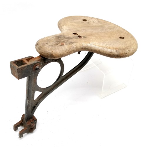 474 - Industrial wooden seat on a cast metal bracket with ER cypher - 41cm across x 34cm high