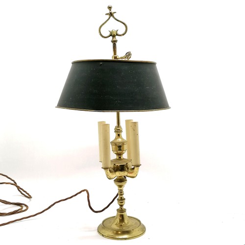 477 - Vintage student lamp style brass 4 branch table lamp with green shade - 68cm high