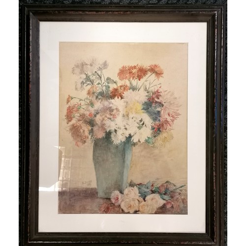 494 - E Droisy 1929 dated watercolour study of flowers in a vase - frame 93cm x 76cm