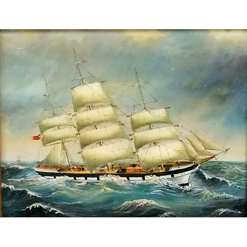 497 - Painting of a sailing ship in heavy gilt frame with annotation R Webb - 45cm x 50cm