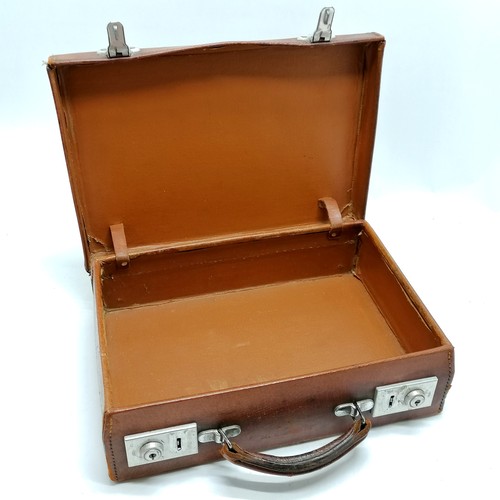 502 - Vintage tan leather small attache / suitcase with old repairs to rear corners - 36cm x 24cm x 10cm