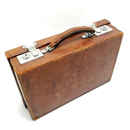 502 - Vintage tan leather small attache / suitcase with old repairs to rear corners - 36cm x 24cm x 10cm