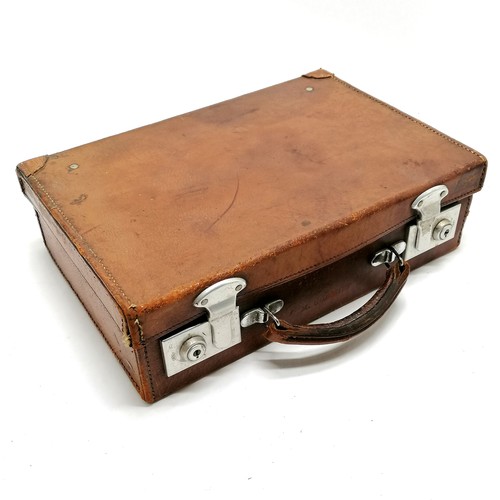 502 - Vintage tan leather small attache / suitcase with old repairs to rear corners - 36cm x 24cm x 10cm