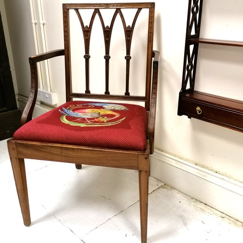 503 - Antique mahogany elbow chair with phoenix tapestry drop-in seat - 89cm high x 64cm x 46cm deep ~ sli... 