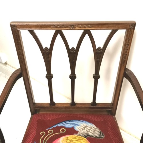 503 - Antique mahogany elbow chair with phoenix tapestry drop-in seat - 89cm high x 64cm x 46cm deep ~ sli... 