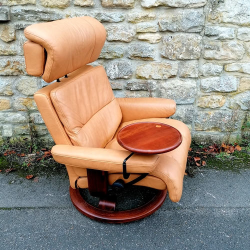 508 - Contemporary brown leather adjustable easy chair with attached side table and a matching leather sto... 