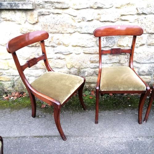 521 - Set of 6 mahogany dining chairs with drop in green upholstered seats - in good used condition  - 48c... 