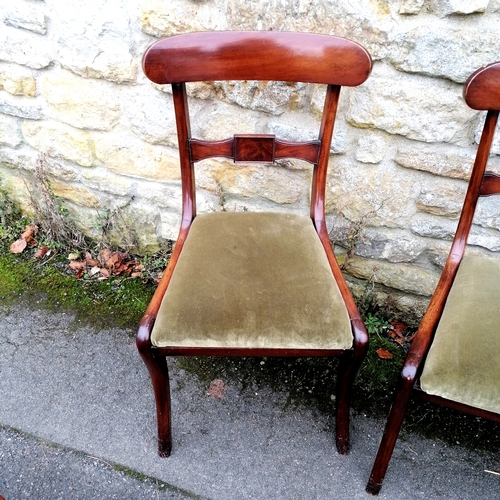 521 - Set of 6 mahogany dining chairs with drop in green upholstered seats - in good used condition  - 48c... 