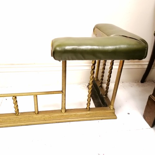 542 - Antique club fender with brass barleytwist detail & green leather upholstery - total width 168cm x 5... 