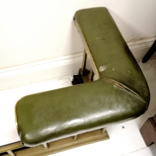 542 - Antique club fender with brass barleytwist detail & green leather upholstery - total width 168cm x 5... 