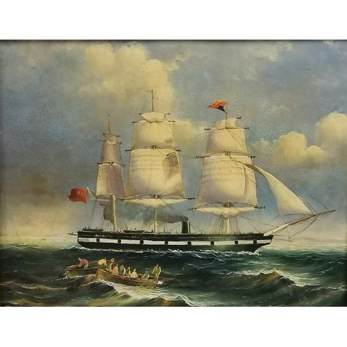 498 - Painting of a sailing ship in heavy gilt frame with annotation R A Borstel 1901 - 45cm x 50cm