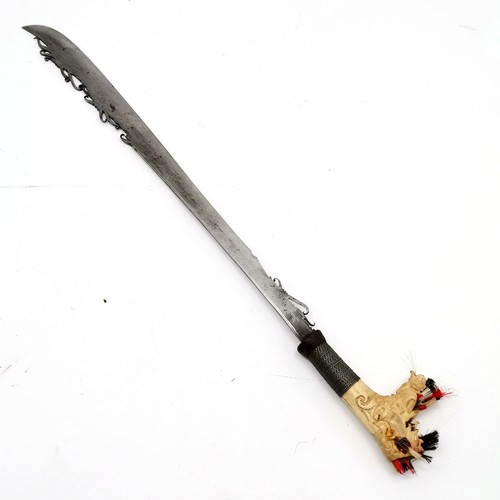 72 - Vintage Borneo mandau sword in scabbard with stag horn hilt & marks / decoration to blade ~ total le... 