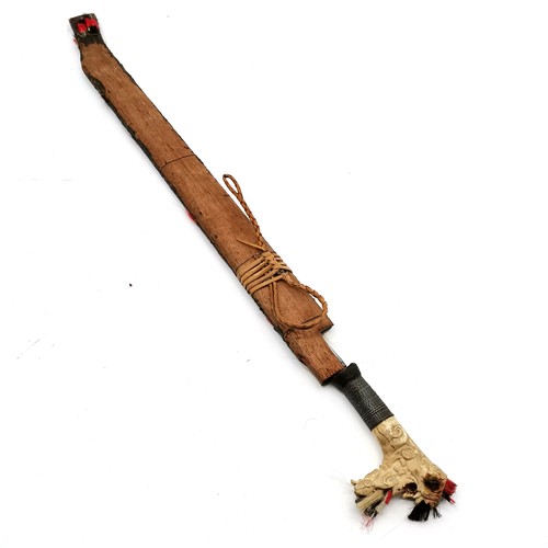 72 - Vintage Borneo mandau sword in scabbard with stag horn hilt & marks / decoration to blade ~ total le... 