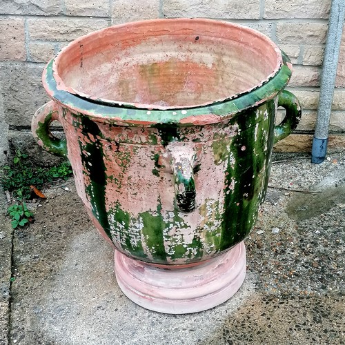 310A - Antique Continental terracotta green glazed large pedestal based jar - 64cm high x 56cm diameter ~ i... 