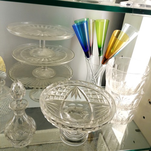 120A - Large quantity of mostly antique glassware including cake stands, 4 acid etched with courting couple... 