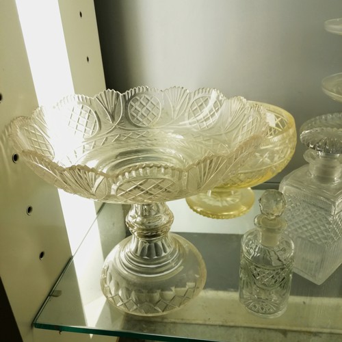 120A - Large quantity of mostly antique glassware including cake stands, 4 acid etched with courting couple... 